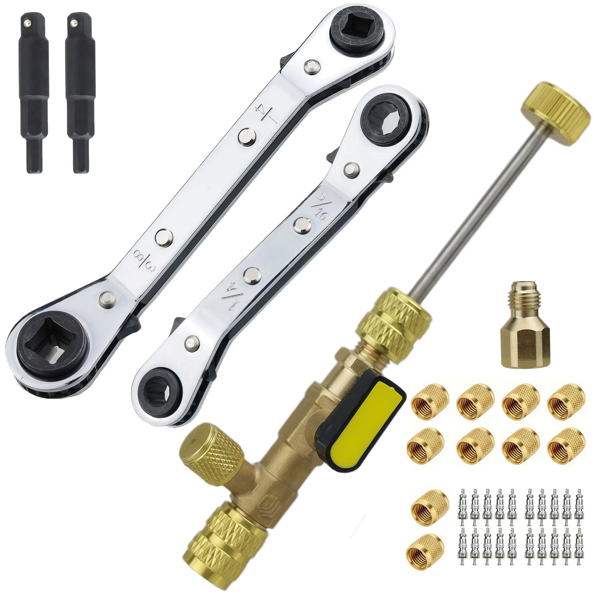 Dual Size 1/4" & 5/16" Port Valve Core Remover Installer Kit Tool with 10PCS 5v1 Valve Cores and Double Head for Refrigerant