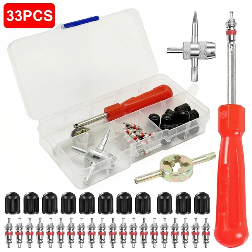 33Pcs/Set Slotted Handle Tire Repair Tool Kit Screwdriver Metal Valve Stem Core Remover Plastic Cover Bicycle Tire Tool