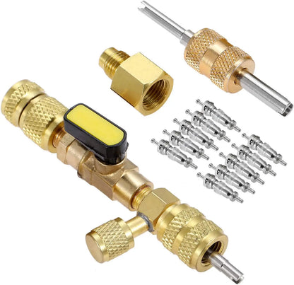 Dual Size 1/4" & 5/16" Port Valve Core Remover Installer Kit Tool with 10PCS 5v1 Valve Cores and Double Head for Refrigerant