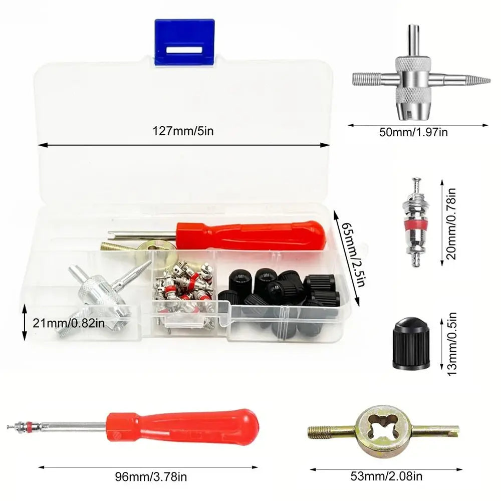 33Pcs/Set Slotted Handle Tire Repair Tool Kit Screwdriver Metal Valve Stem Core Remover Plastic Cover Bicycle Tire Tool