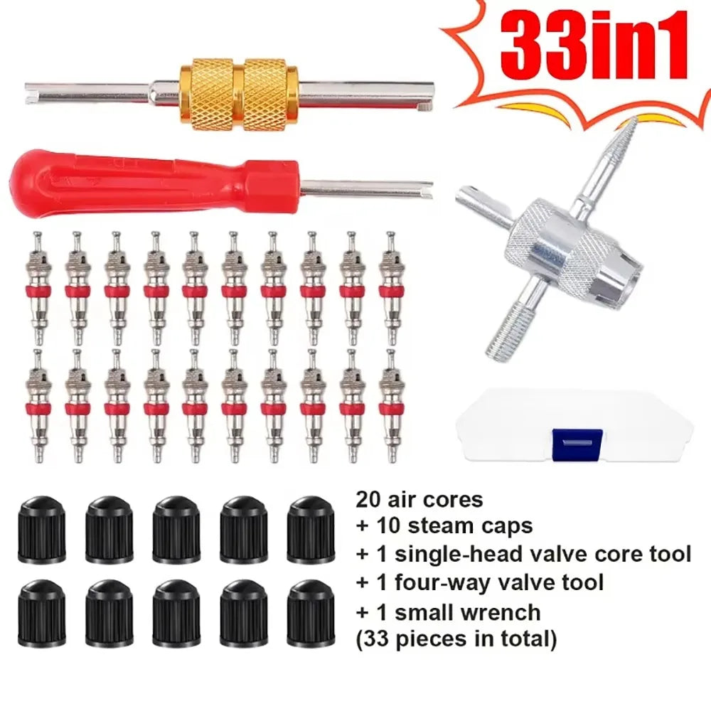 33Pcs/Set Slotted Handle Tire Repair Tool Kit Screwdriver Metal Valve Stem Core Remover Plastic Cover Bicycle Tire Tool