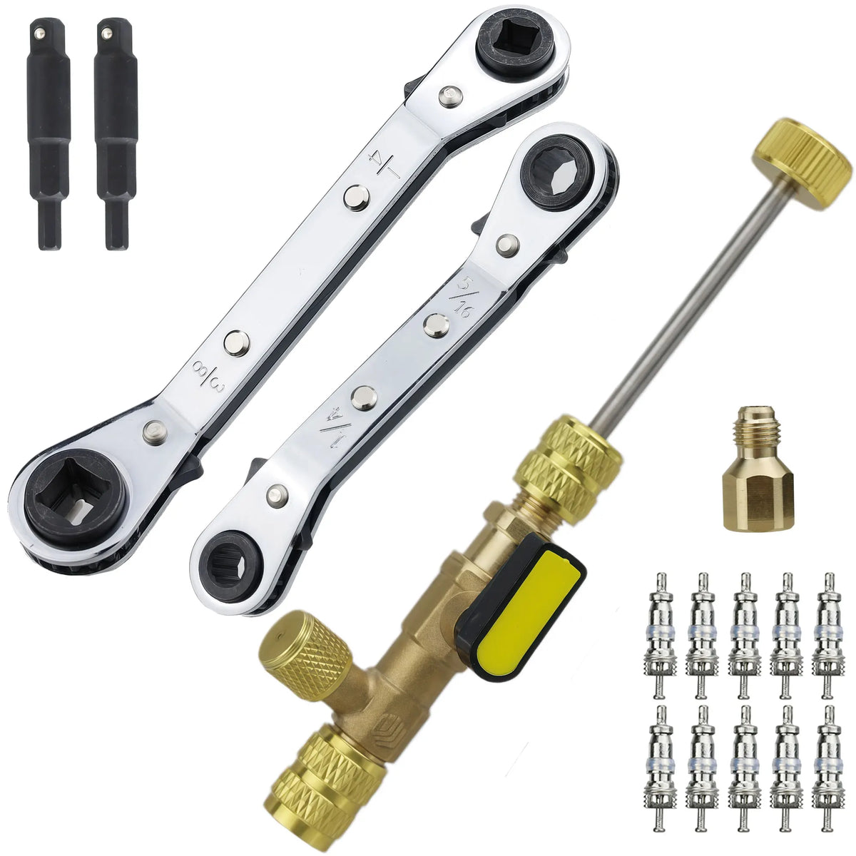 Dual Size 1/4" & 5/16" Port Valve Core Remover Installer Kit Tool with 10PCS 5v1 Valve Cores and Double Head for Refrigerant