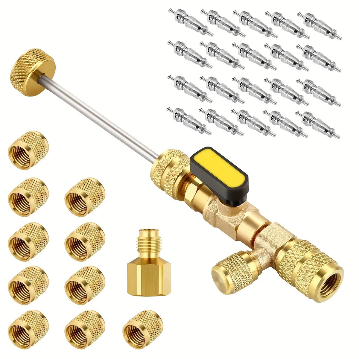 Dual Size 1/4" & 5/16" Port Valve Core Remover Installer Kit Tool with 10PCS 5v1 Valve Cores and Double Head for Refrigerant