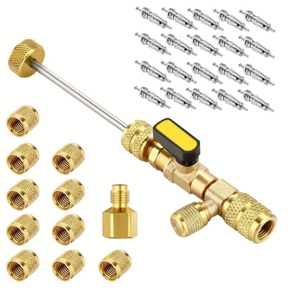 Dual Size 1/4" & 5/16" Port Valve Core Remover Installer Kit Tool with 10PCS 5v1 Valve Cores and Double Head for Refrigerant