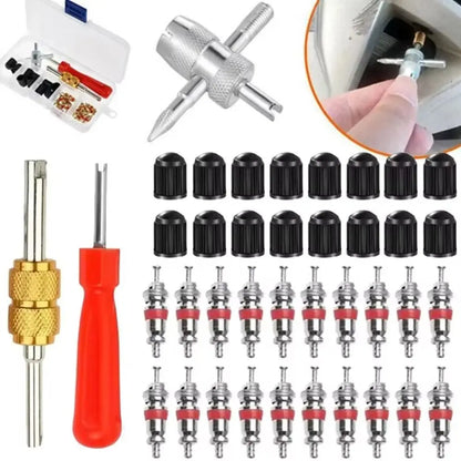 33Pcs/Set Slotted Handle Tire Repair Tool Kit Screwdriver Metal Valve Stem Core Remover Plastic Cover Bicycle Tire Tool