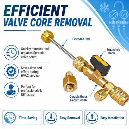 Dual Size 1/4" & 5/16" Port Valve Core Remover Installer Kit Tool with 10PCS 5v1 Valve Cores and Double Head for Refrigerant