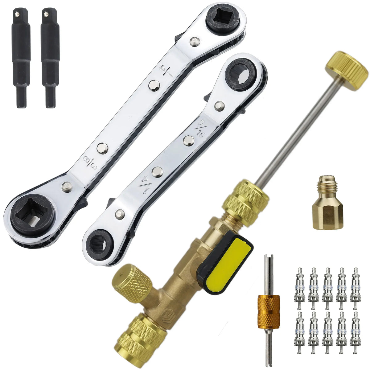 Dual Size 1/4" & 5/16" Port Valve Core Remover Installer Kit Tool with 10PCS 5v1 Valve Cores and Double Head for Refrigerant