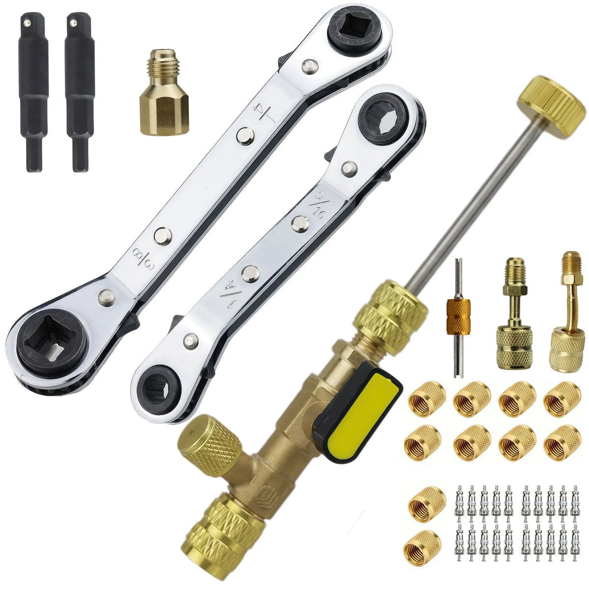 Dual Size 1/4" & 5/16" Port Valve Core Remover Installer Kit Tool with 10PCS 5v1 Valve Cores and Double Head for Refrigerant